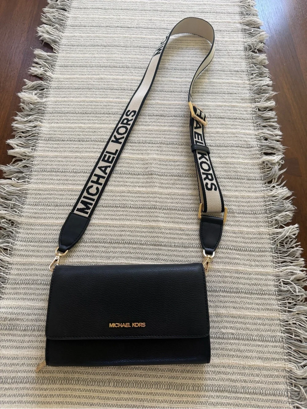 Michael Kors Black Crossbody Bag with Branded Cream Strap